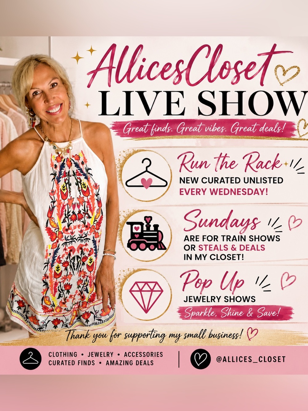 @AllicesCloset is Live! Shows Wednesday & Sunday. Thrifted and Curated by me.
